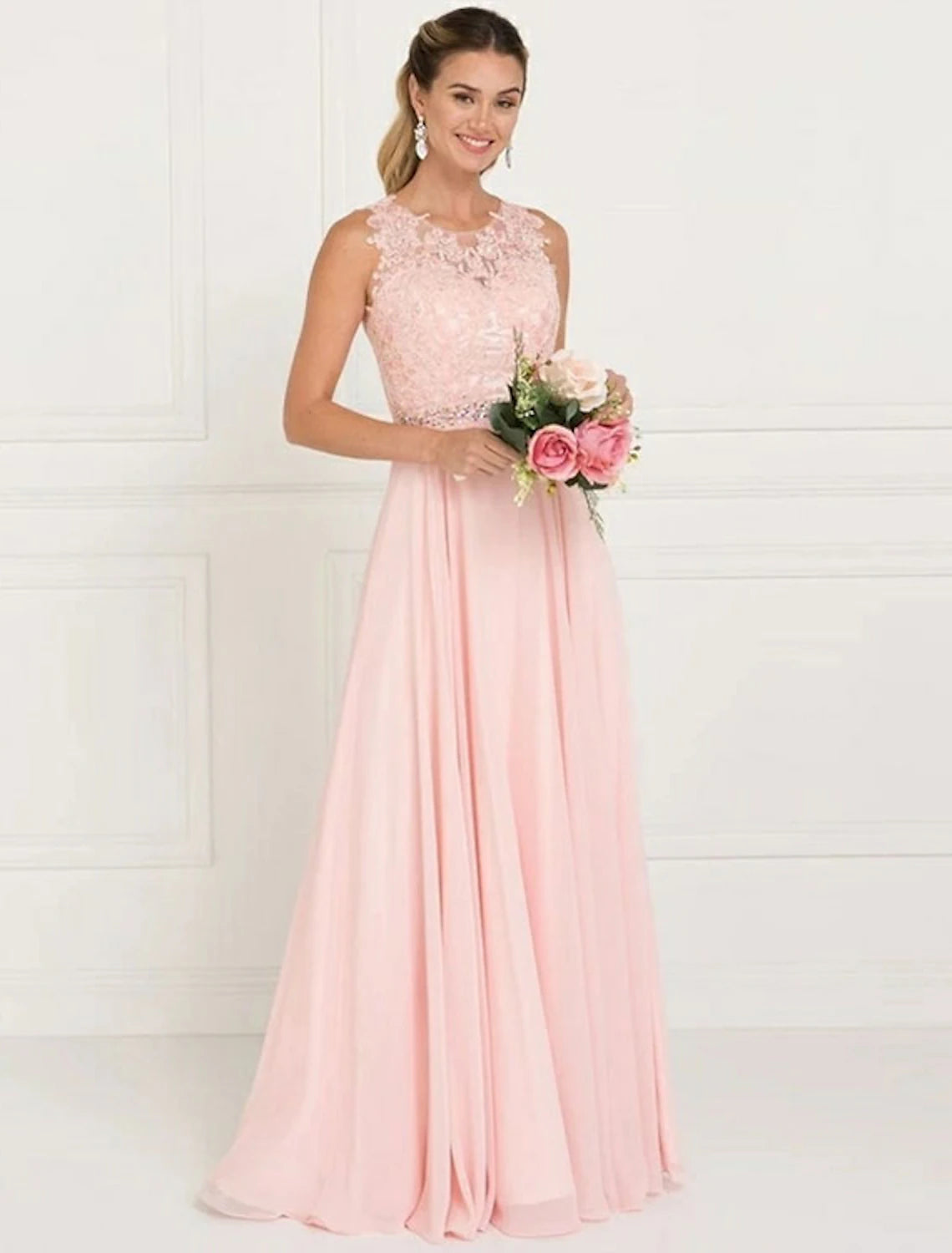 Wholesale A-Line Bridesmaid Dress Jewel Neck Sleeveless Elegant Sweep / Brush Train Tulle with Lace / Sash / Ribbon